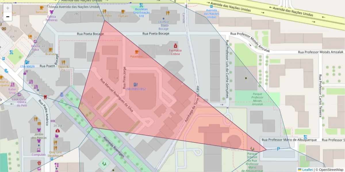 Mapa detalhado do código postal 1600-577 com limites, códigos postais vizinhos e agências dos correios