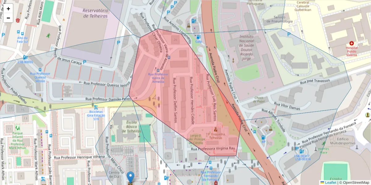 Mapa detalhado do código postal 1600-641 com limites, códigos postais vizinhos e agências dos correios