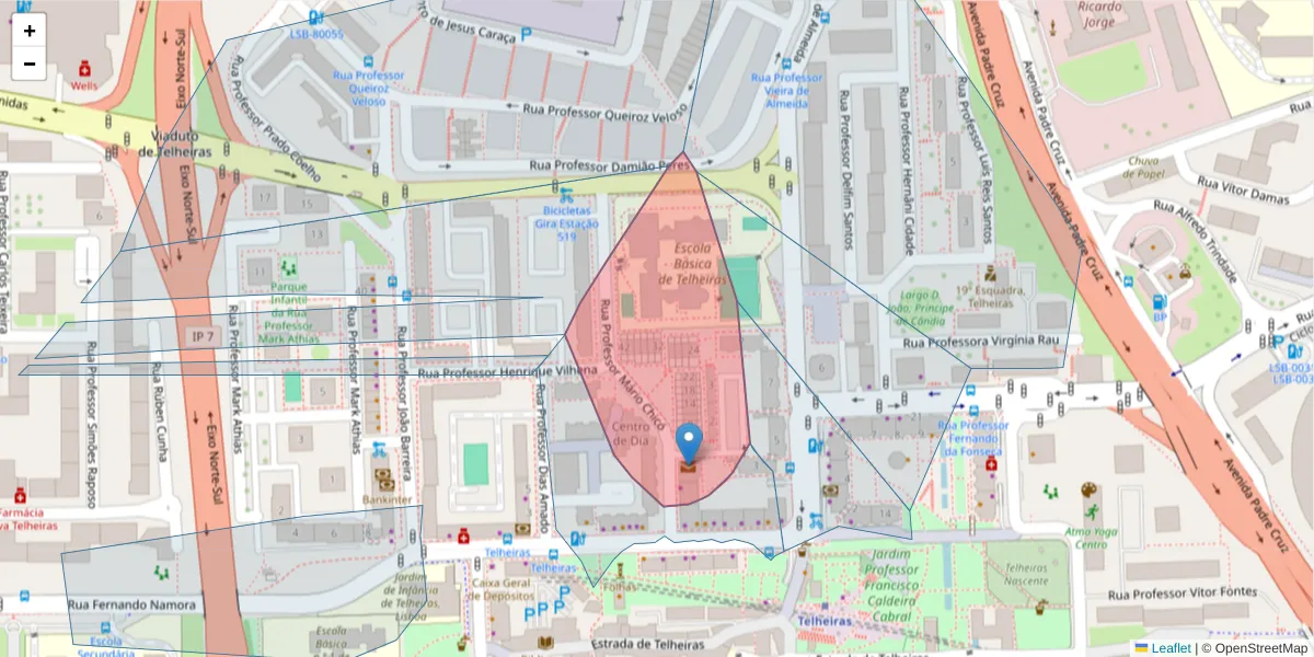 Mapa detalhado do código postal 1600-643 com limites, códigos postais vizinhos e agências dos correios