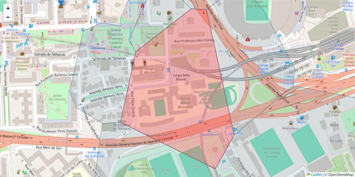 Mapa detalhado do código postal 1600-670 com limites, códigos postais vizinhos e agências dos correios