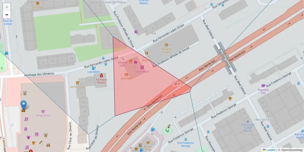 Mapa detalhado do código postal 1600-805 com limites, códigos postais vizinhos e agências dos correios