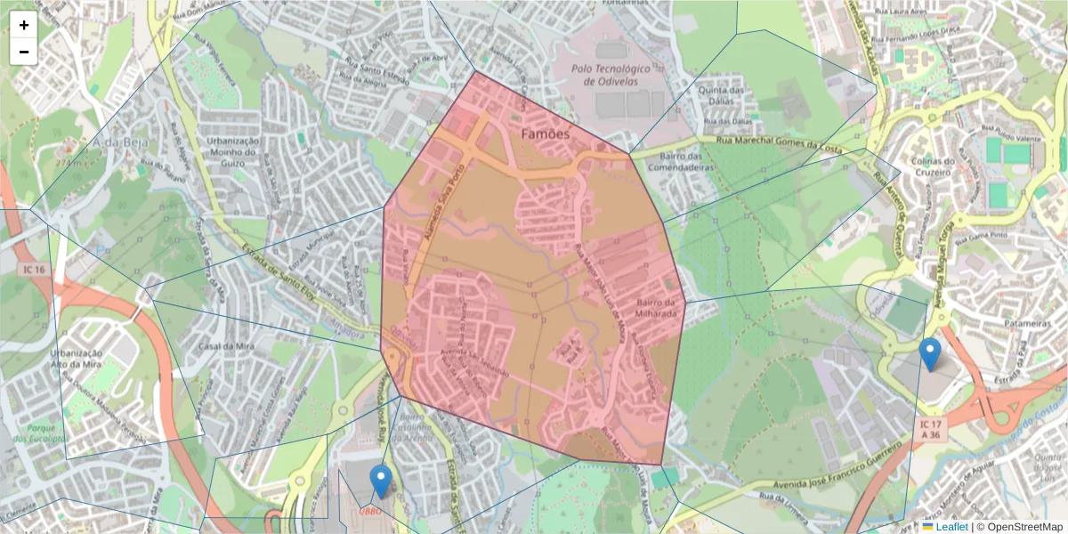 Mapa detalhado do código postal 1675-035 com limites, códigos postais vizinhos e agências dos correios