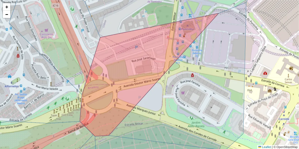 Mapa detalhado do código postal 1675-180 com limites, códigos postais vizinhos e agências dos correios