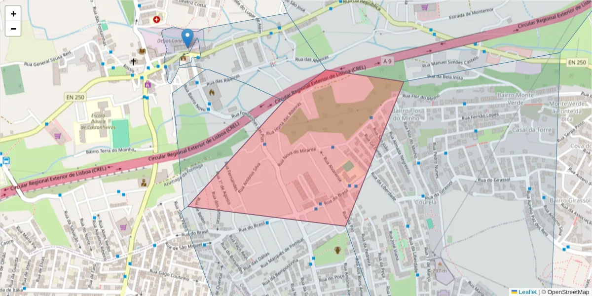 Mapa detalhado do código postal 1685-401 com limites, códigos postais vizinhos e agências dos correios