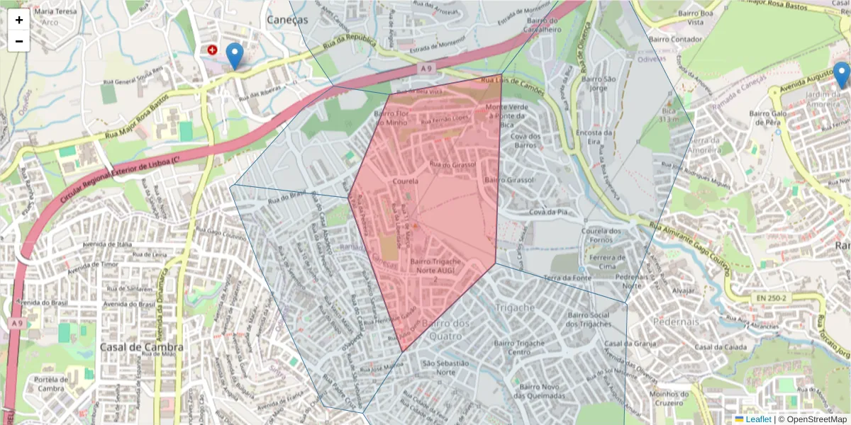 Mapa detalhado do código postal 1685-609 com limites, códigos postais vizinhos e agências dos correios