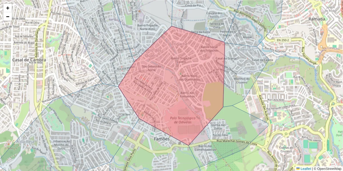 Mapa detalhado do código postal 1685-749 com limites, códigos postais vizinhos e agências dos correios