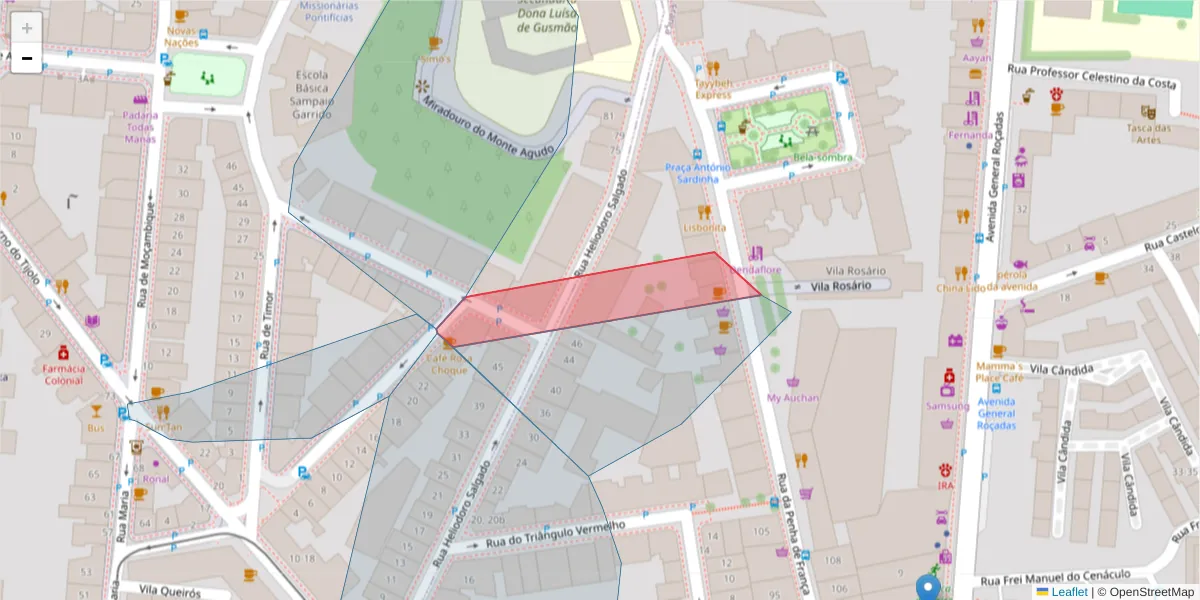Mapa detalhado do código postal 1700 307 com limites, códigos postais vizinhos e agências dos correios