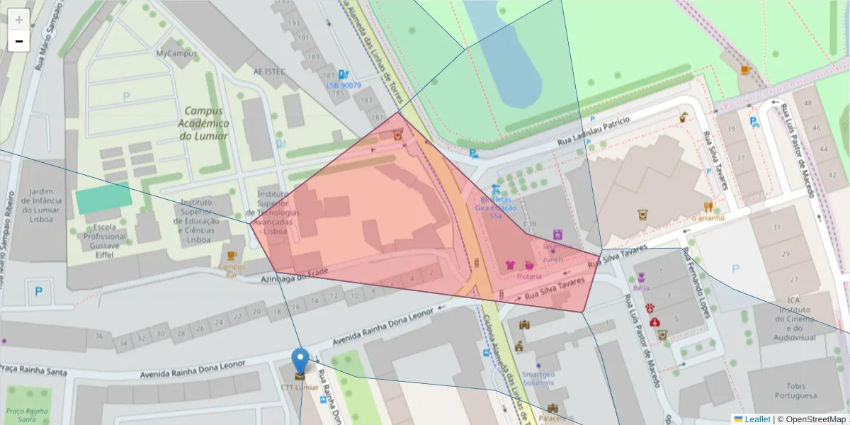 Mapa detalhado do código postal 1750-136 com limites, códigos postais vizinhos e agências dos correios