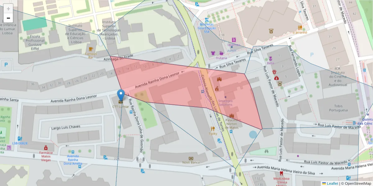 Mapa detalhado do código postal 1750-149 com limites, códigos postais vizinhos e agências dos correios