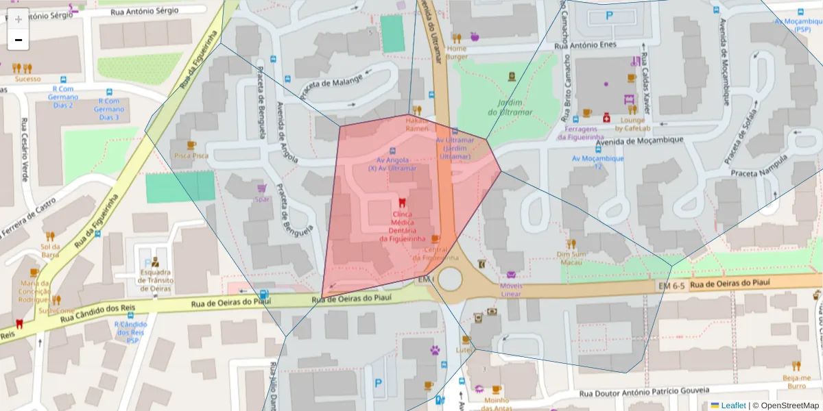 Mapa detalhado do código postal 1780-018 com limites, códigos postais vizinhos e agências dos correios