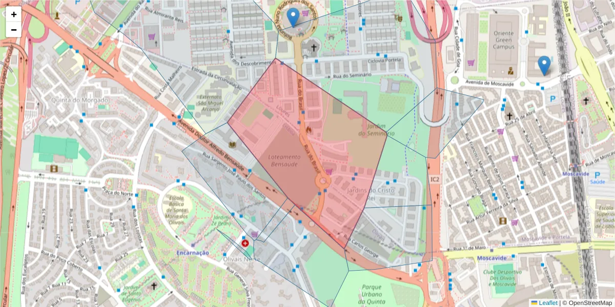Mapa detalhado do código postal 1885-094 com limites, códigos postais vizinhos e agências dos correios