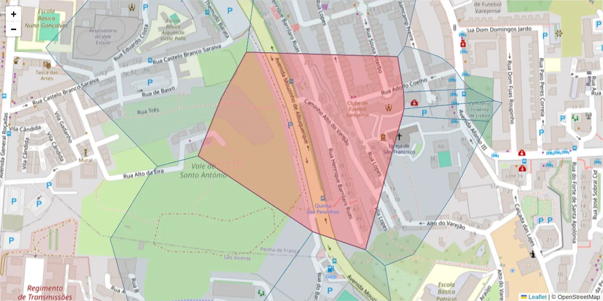 Mapa detalhado do código postal 1900-030 com limites, códigos postais vizinhos e agências dos correios