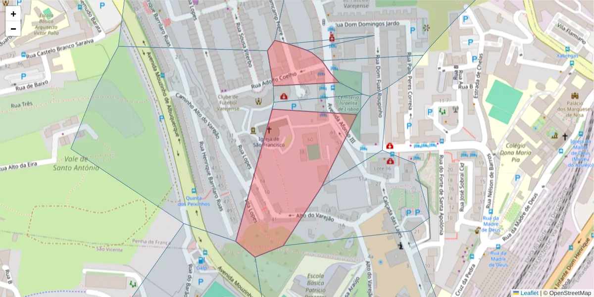 Mapa detalhado do código postal 1900-041 com limites, códigos postais vizinhos e agências dos correios