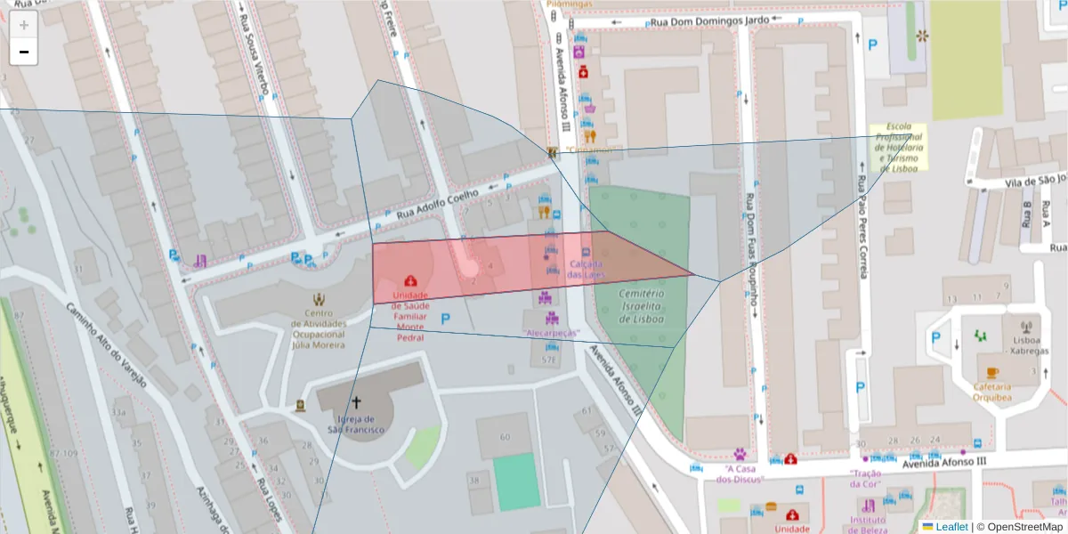 Mapa detalhado do código postal 1900-043 com limites, códigos postais vizinhos e agências dos correios