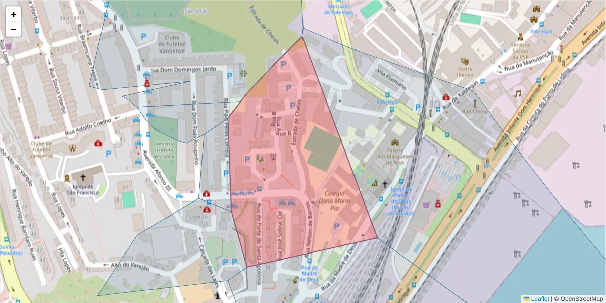 Mapa detalhado do código postal 1900-174 com limites, códigos postais vizinhos e agências dos correios