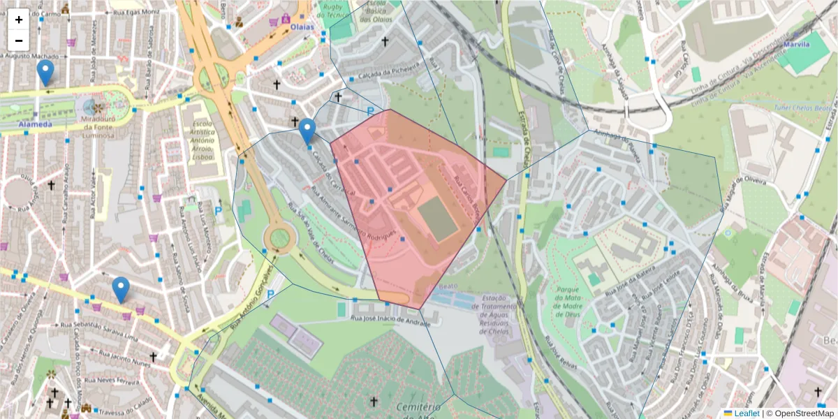 Mapa detalhado do código postal 1900-240 com limites, códigos postais vizinhos e agências dos correios