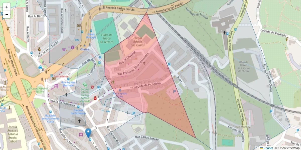 Mapa detalhado do código postal 1900-373 com limites, códigos postais vizinhos e agências dos correios