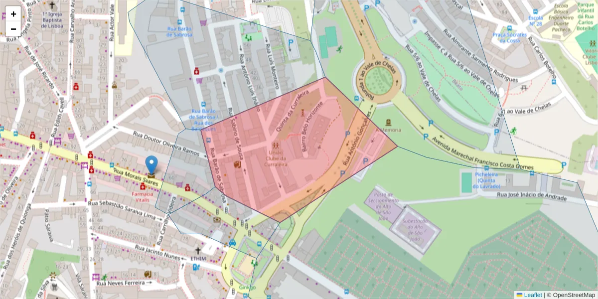 Mapa detalhado do código postal 1900-397 com limites, códigos postais vizinhos e agências dos correios
