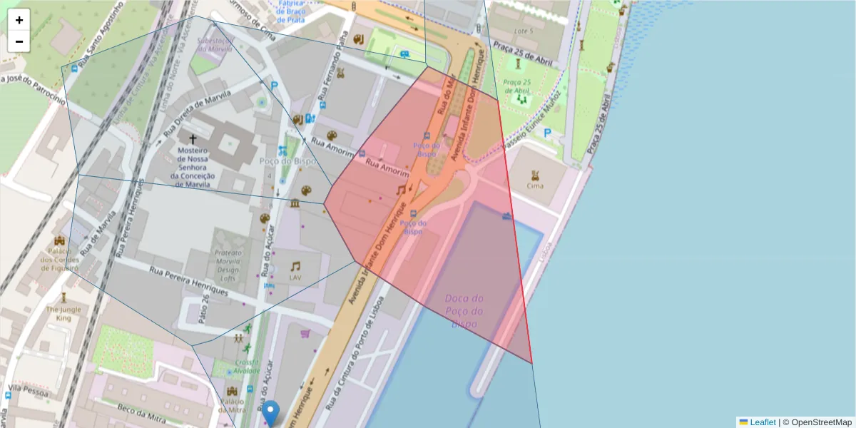 Mapa detalhado do código postal 1950-021 com limites, códigos postais vizinhos e agências dos correios