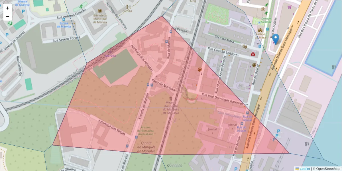 Mapa detalhado do código postal 1950-052 com limites, códigos postais vizinhos e agências dos correios
