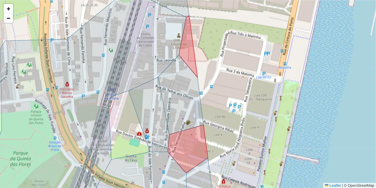 Mapa detalhado do código postal 1950-132 com limites, códigos postais vizinhos e agências dos correios