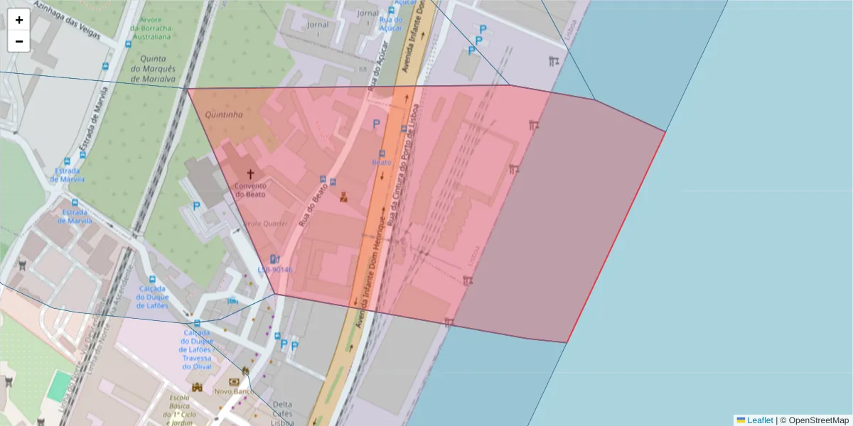 Mapa detalhado do código postal 1950-142 Beato com limites, códigos postais vizinhos e agências dos correios