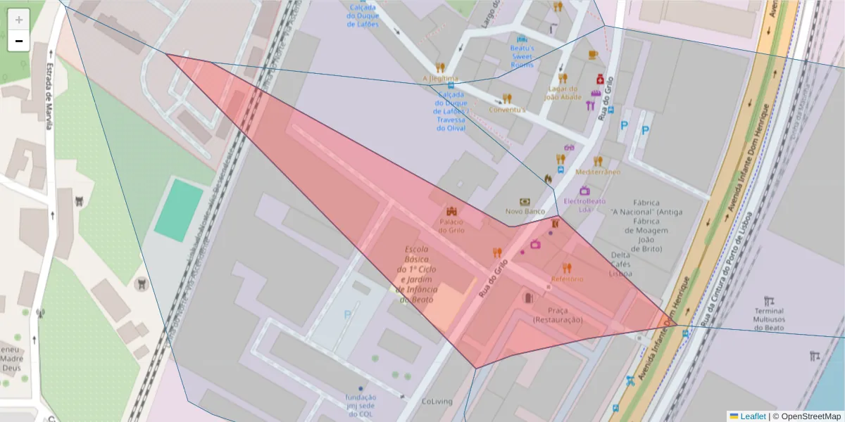 Mapa detalhado do código postal 1950-207 com limites, códigos postais vizinhos e agências dos correios