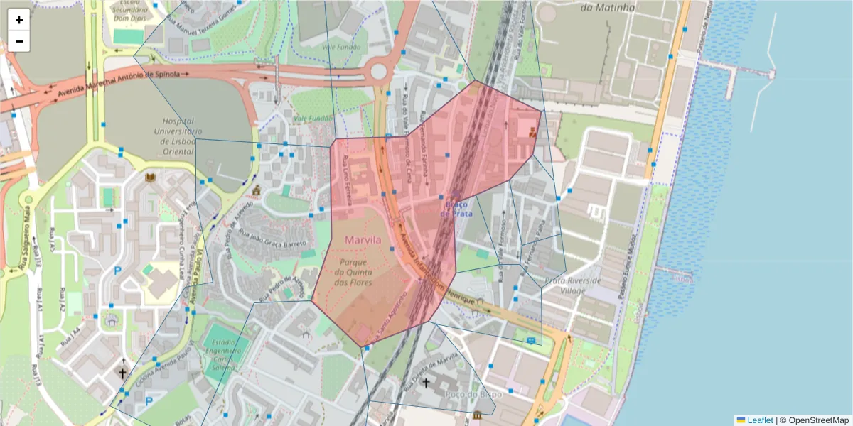 Mapa detalhado do código postal 1950-266 com limites, códigos postais vizinhos e agências dos correios