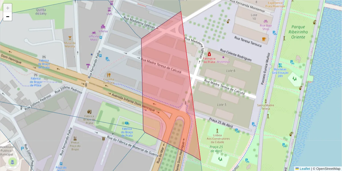 Mapa detalhado do código postal 1950-322 com limites, códigos postais vizinhos e agências dos correios