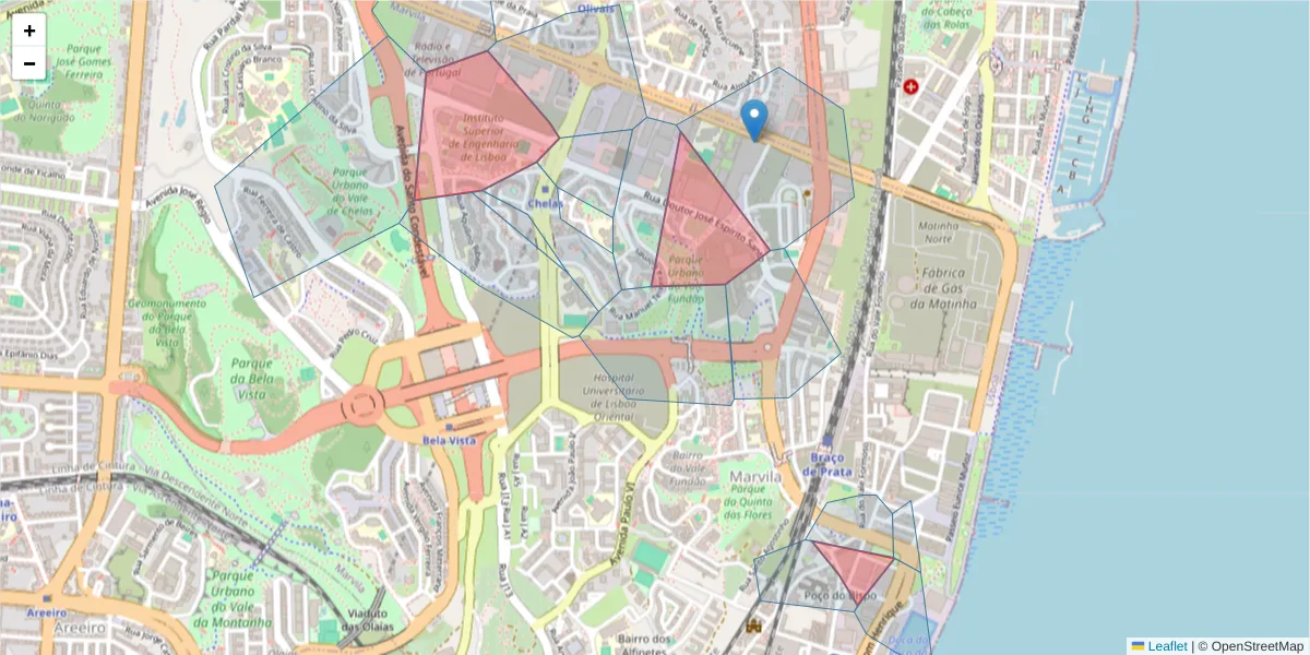 Mapa detalhado do código postal 1950 com limites, códigos postais vizinhos e agências dos correios