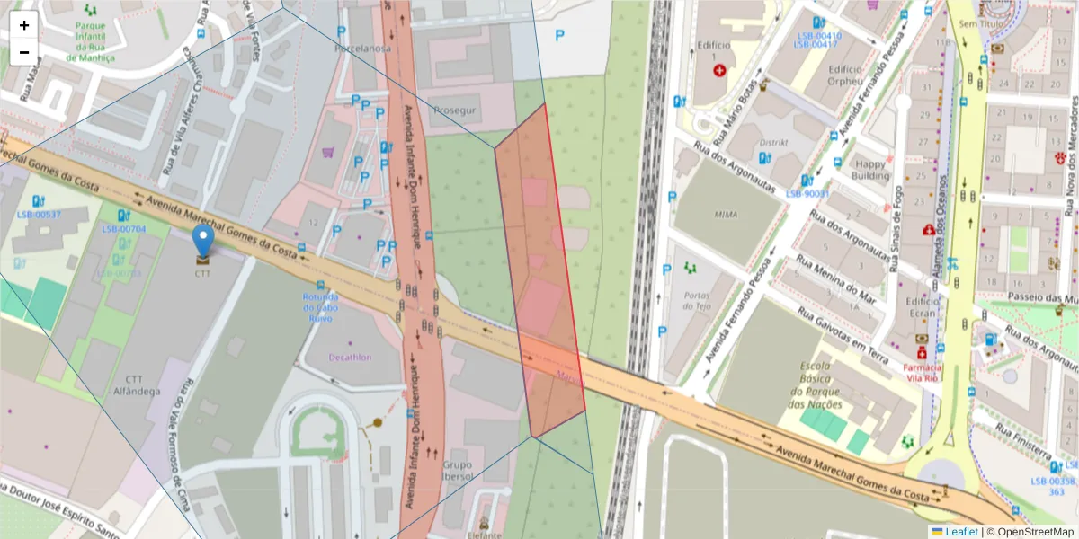 Mapa detalhado do código postal 1990-603 com limites, códigos postais vizinhos e agências dos correios