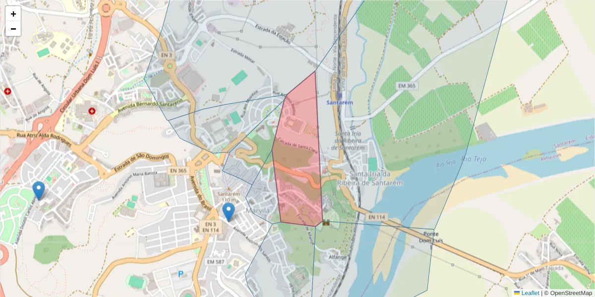 Mapa detalhado do código postal 2000-102 com limites, códigos postais vizinhos e agências dos correios