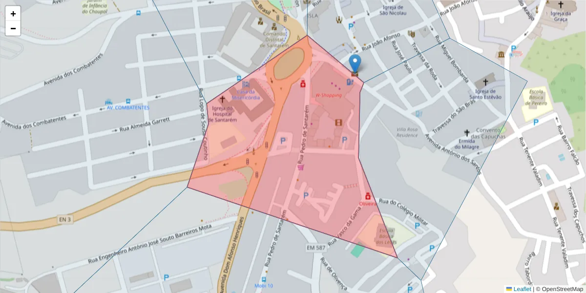Mapa detalhado do código postal 2000-223 com limites, códigos postais vizinhos e agências dos correios