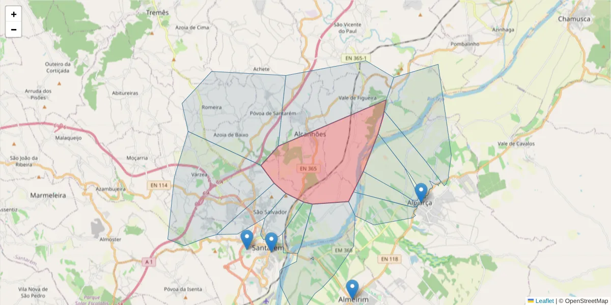 Mapa detalhado do código postal 2000-402 com limites, códigos postais vizinhos e agências dos correios