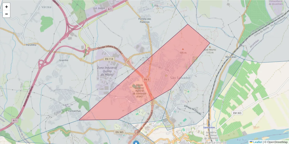 Mapa detalhado do código postal 2001-904 com limites, códigos postais vizinhos e agências dos correios