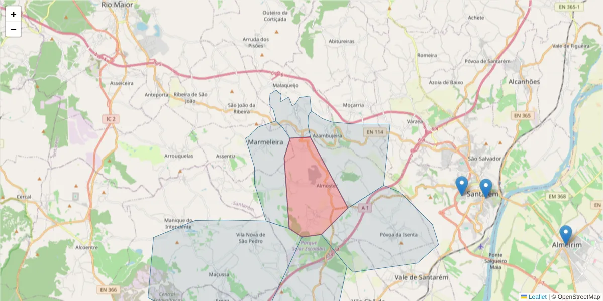 Mapa detalhado do código postal 2005-106 com limites, códigos postais vizinhos e agências dos correios