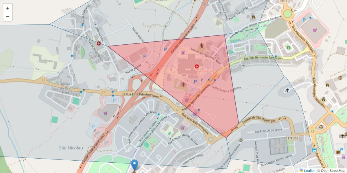 Mapa detalhado do código postal 2009-004 com limites, códigos postais vizinhos e agências dos correios