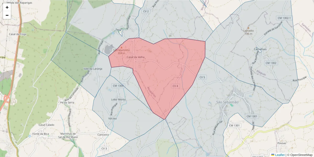 Mapa detalhado do código postal 2040-016 com limites, códigos postais vizinhos e agências dos correios