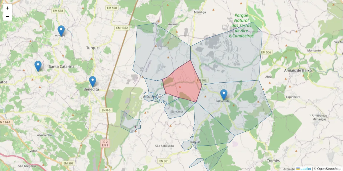 Mapa detalhado do código postal 2040-023 com limites, códigos postais vizinhos e agências dos correios