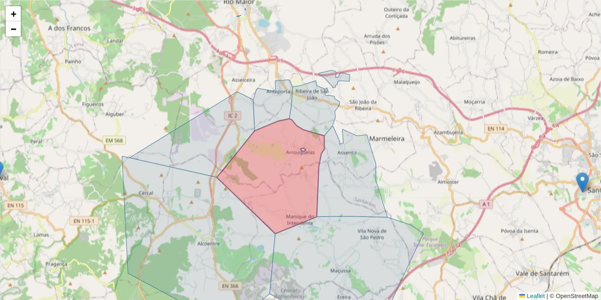 Mapa detalhado do código postal 2040-031 com limites, códigos postais vizinhos e agências dos correios