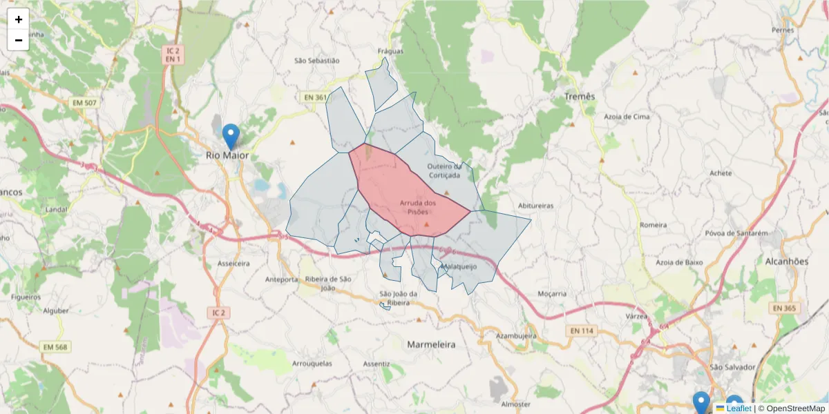 Mapa detalhado do código postal 2040-041 com limites, códigos postais vizinhos e agências dos correios