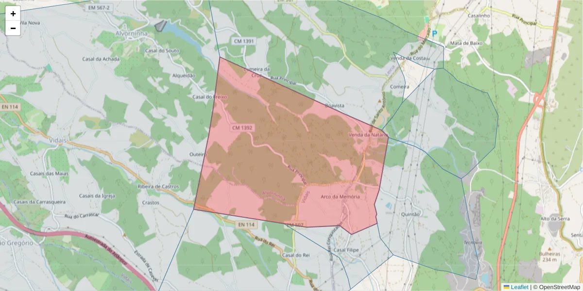 Mapa detalhado do código postal 2040-065 com limites, códigos postais vizinhos e agências dos correios