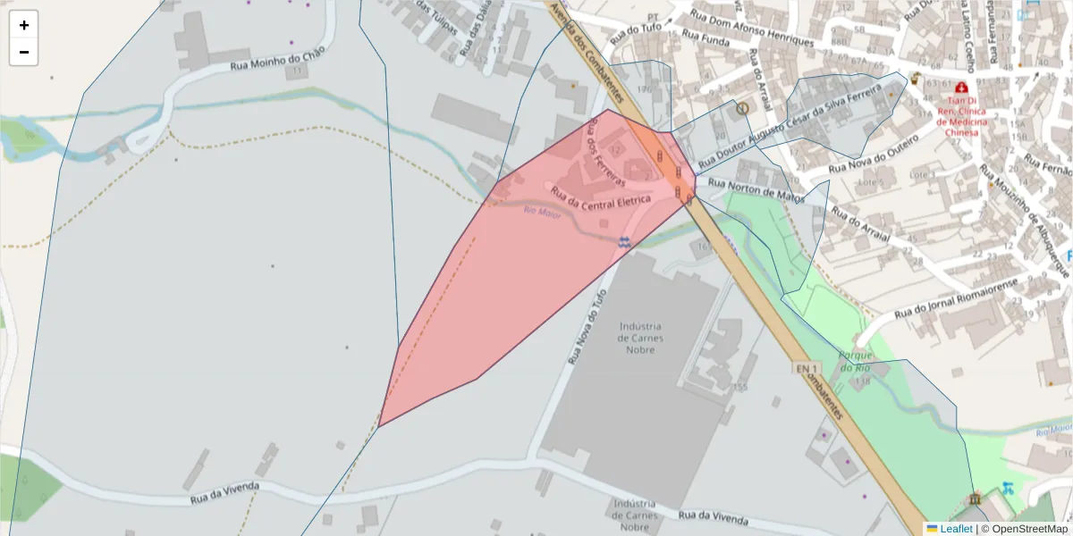 Mapa detalhado do código postal 2040-102 com limites, códigos postais vizinhos e agências dos correios