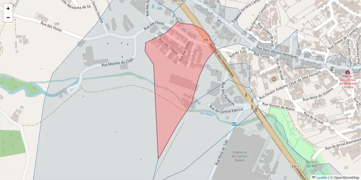 Mapa detalhado do código postal 2040-106 com limites, códigos postais vizinhos e agências dos correios
