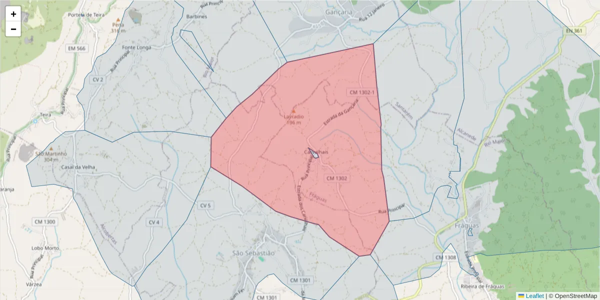Mapa detalhado do código postal 2040-150 com limites, códigos postais vizinhos e agências dos correios