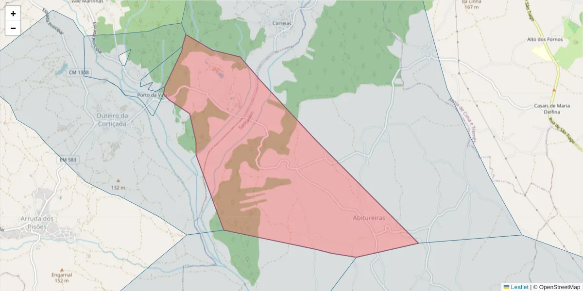 Mapa detalhado do código postal 2040-173 com limites, códigos postais vizinhos e agências dos correios