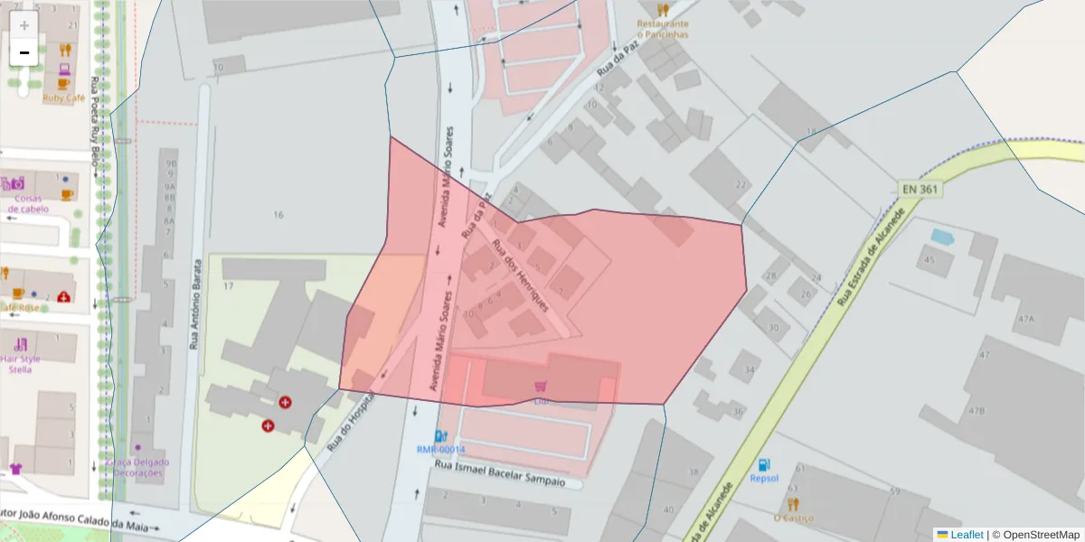 Mapa detalhado do código postal 2040-188 com limites, códigos postais vizinhos e agências dos correios