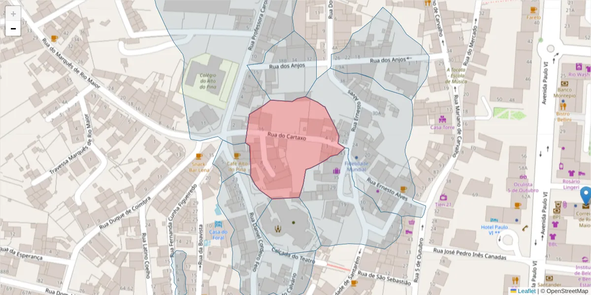 Mapa detalhado do código postal 2040-208 com limites, códigos postais vizinhos e agências dos correios