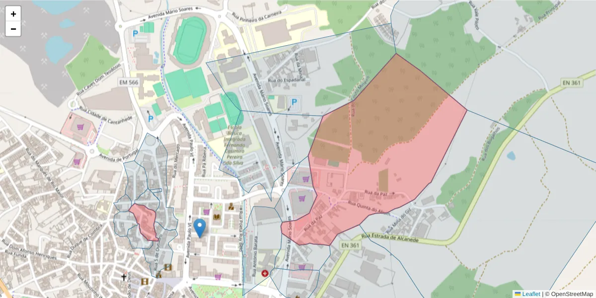 Mapa detalhado do código postal 2040-211 com limites, códigos postais vizinhos e agências dos correios