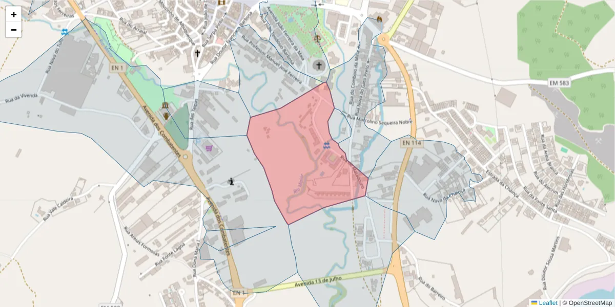 Mapa detalhado do código postal 2040-213 com limites, códigos postais vizinhos e agências dos correios